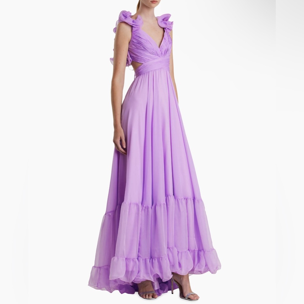 Mac Duggal Ieena Ruffle Tiered Cut-Out Chiffon Gown
